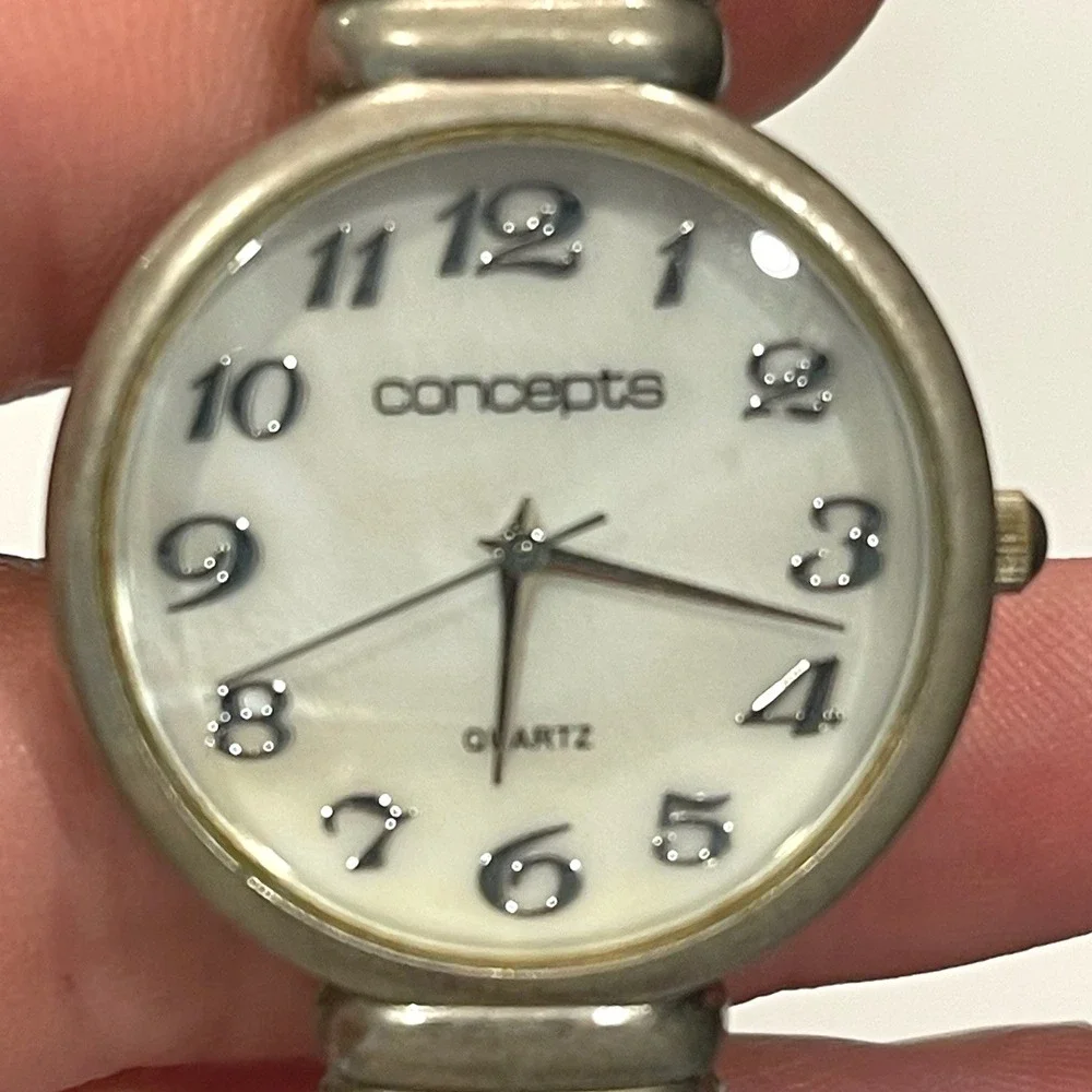 Concepts‎ Quartz Watch Womens Silver Tone Black Cuff Bangle Mother of Pearl Dial
